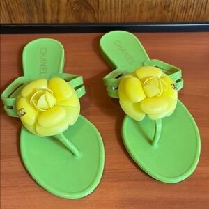 Chanel Lime Sandals with Yellow Floral Accent Size 36